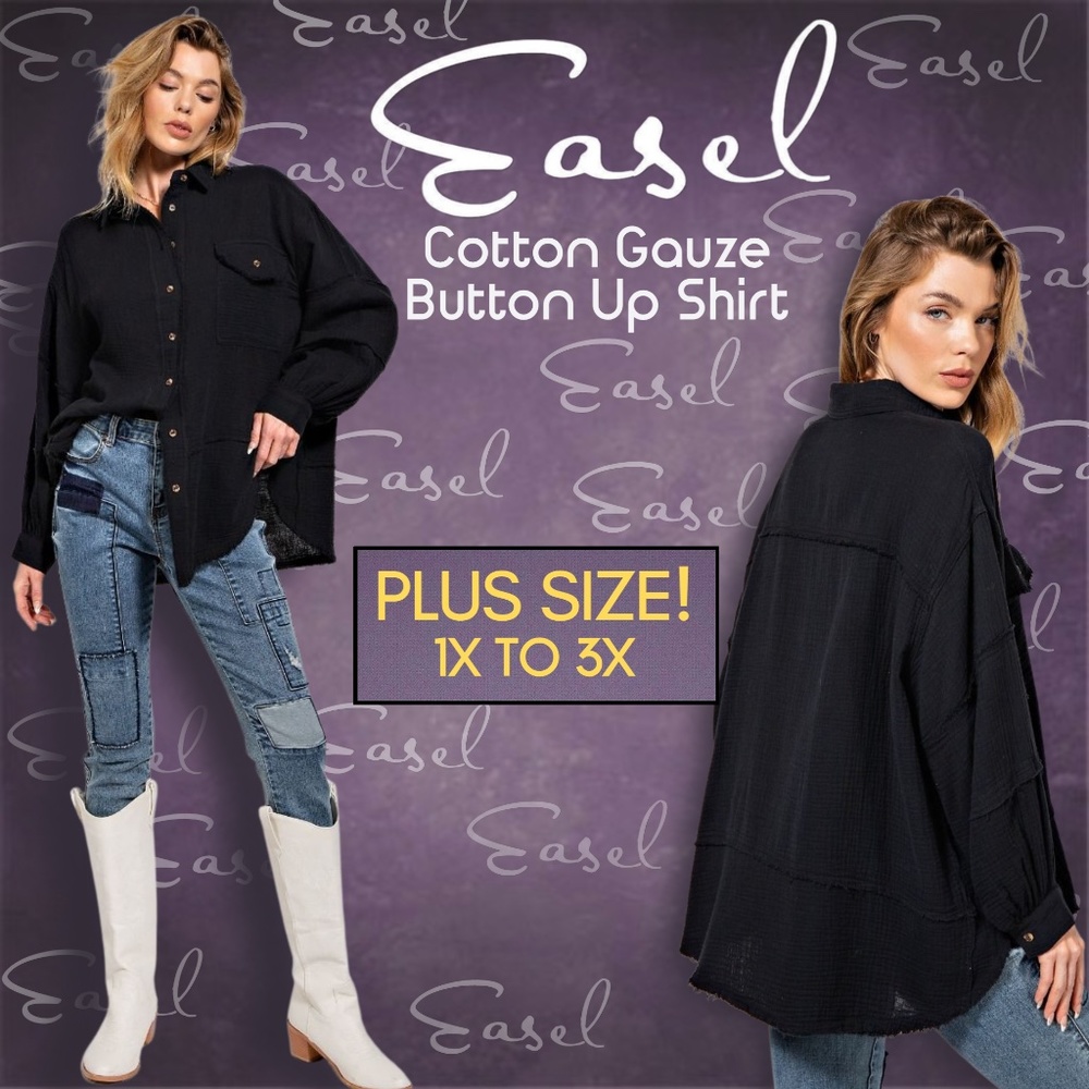 EASEL 100% Cotton Gauze Button Up, Balloon Sleeves Cuffs, Raw Frayed Hem Details